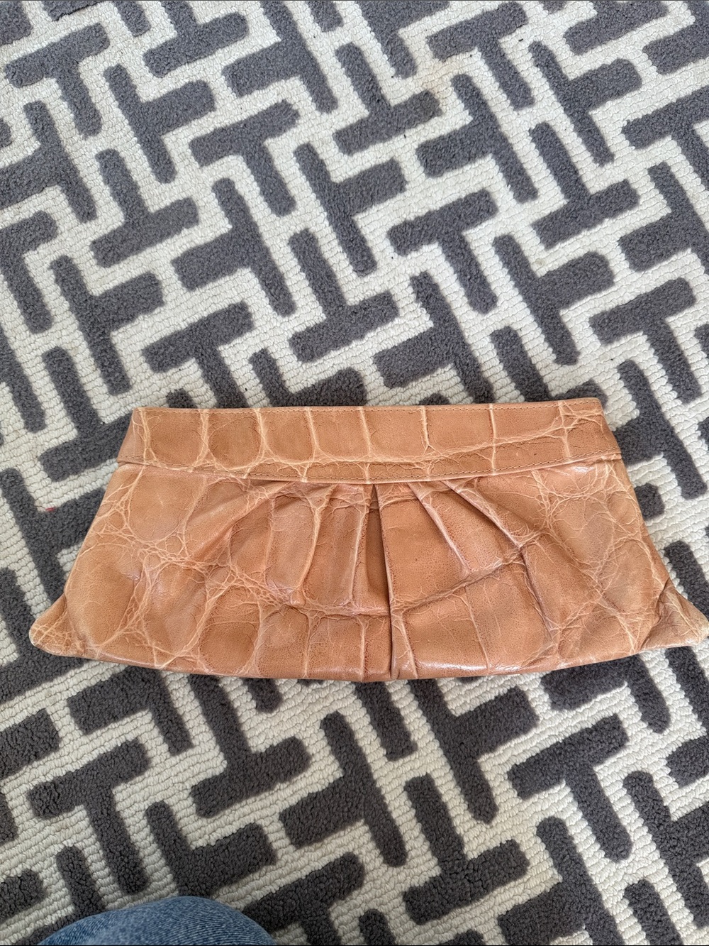 Croc-Embossed Tan Leather Pleated Wristlet Clutch